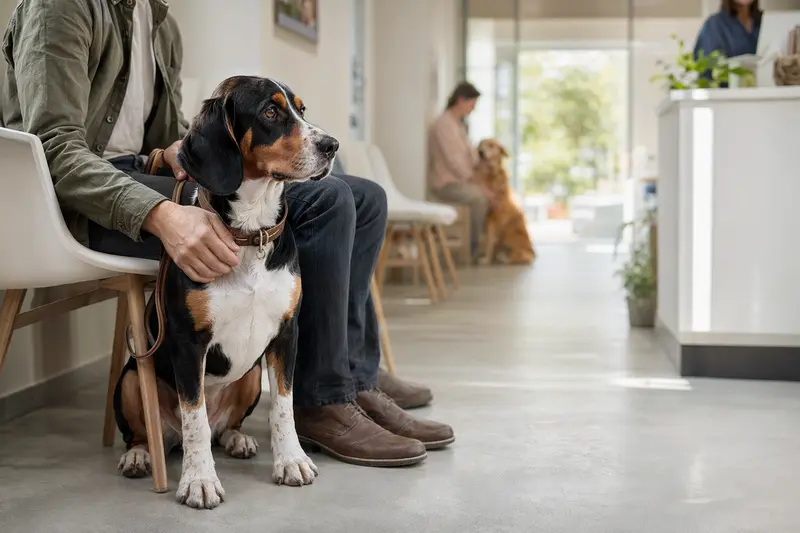 Ein Berner Niederlaufhund sitzt ruhig neben seinem Besitzer im hellen Wartezimmer einer modernen Tierarztpraxis.